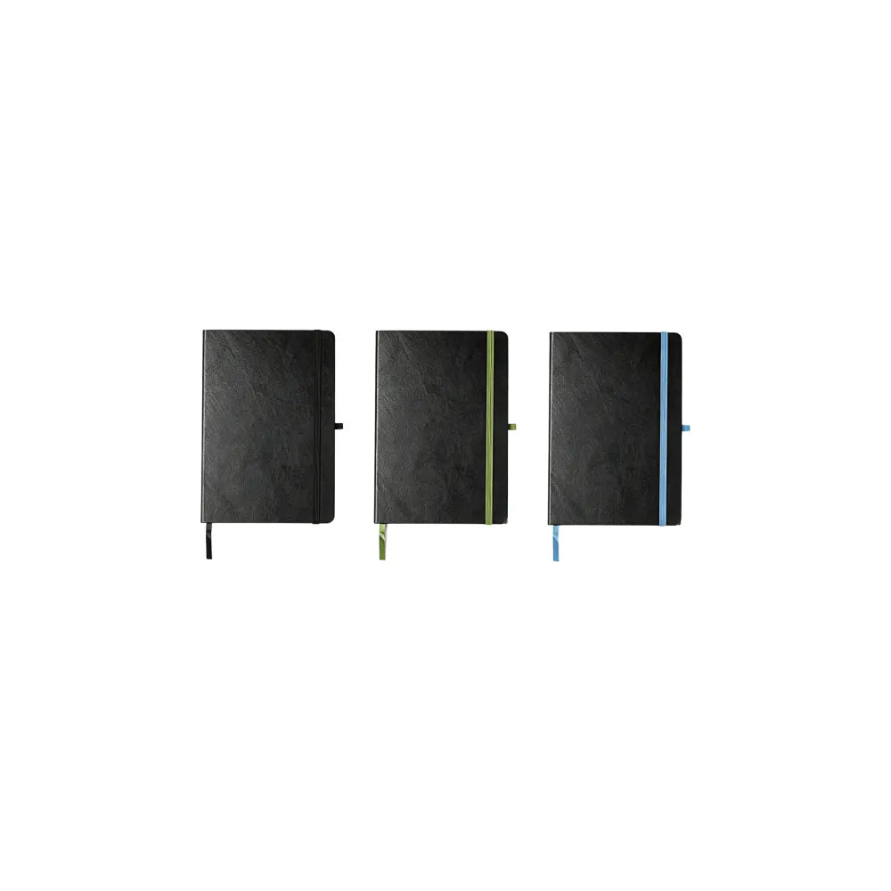 Three A5 notebooks side by side on a white background with black, green and blue elastic closure bands, showing the band colour options, no Wumble branding applied