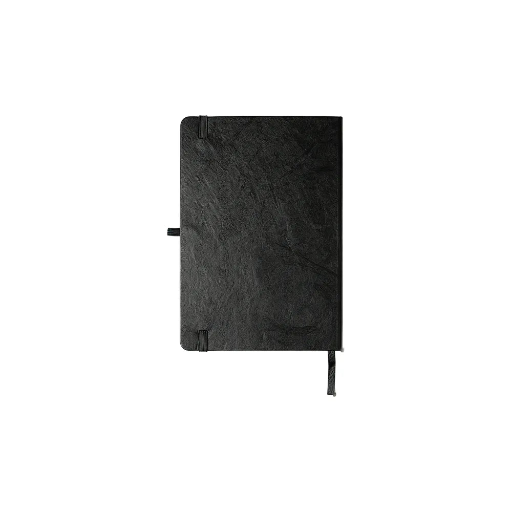 Back of the black A5 notebook on a white background showing the elastic band and pen loop, no Wumble branding applied