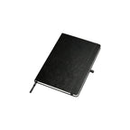 Black A5 notebook lying at a three-quarter angle on a white background showing the cover texture and white page edges, no Wumble branding applied