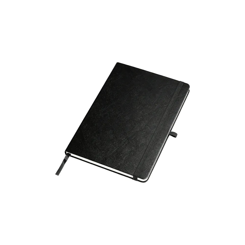 Black A5 notebook lying at a three-quarter angle on a white background showing the cover texture and white page edges, no Wumble branding applied