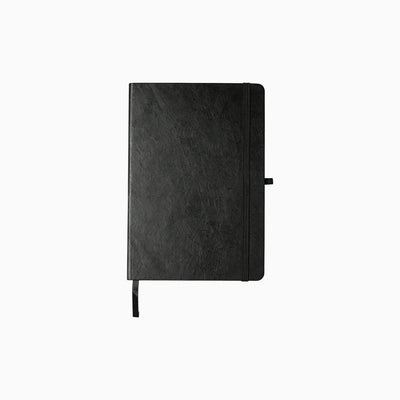 Black A5 Tyvek cover notebook with mist blue elastic band and pen loop for custom branded onboarding kits by Wumble Merch Australia