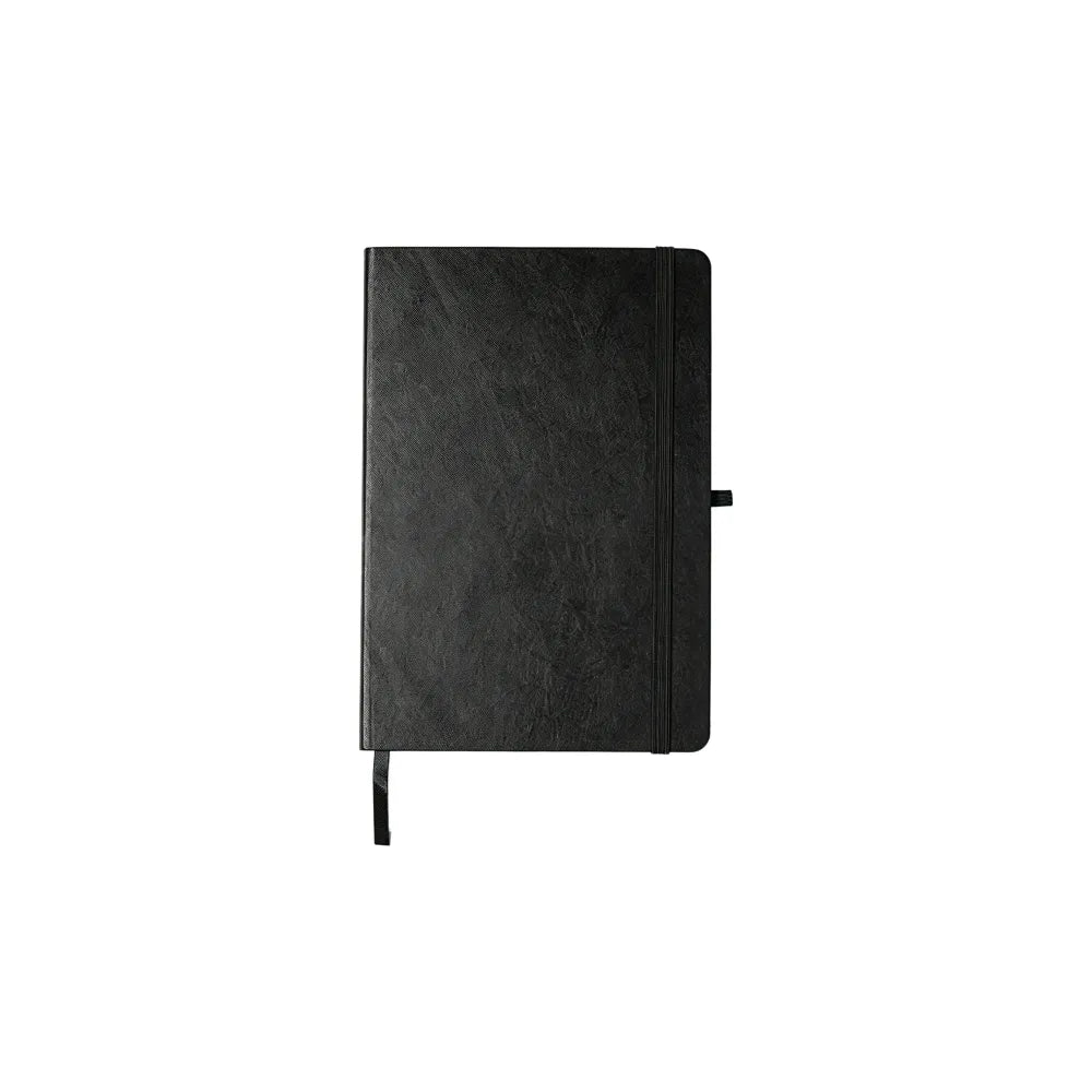 Black A5 Tyvek cover notebook with mist blue elastic band and pen loop for custom branded onboarding kits by Wumble Merch Australia