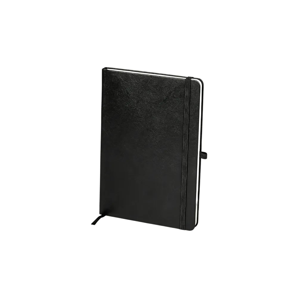 Black A5 notebook standing at an angle on a white background showing the textured cover, elastic band and pen loop, no Wumble branding applied