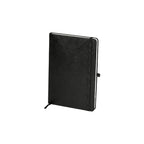 Black A5 notebook standing at an angle on a white background showing the textured cover, elastic band and pen loop, no Wumble branding applied