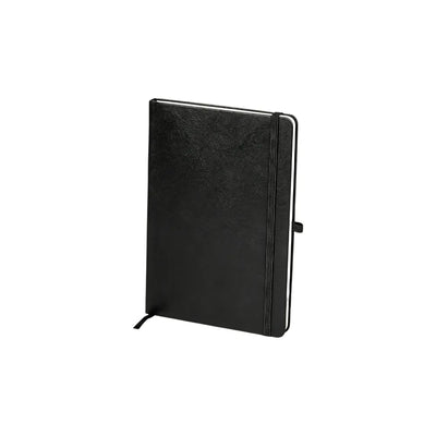 Black A5 notebook standing at an angle on a white background showing the textured cover, elastic band and pen loop, no Wumble branding applied