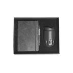 A5 Tyvek notebook, stone pen and black stainless steel insulated bottle in black magnetic gift box with foam insert, viewed from above, no branding applied