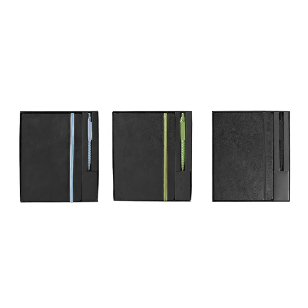 A5 Tyvek notebook and pen desk kit in black with elastic band and gel pen, corporate stationery gift Australia by Wumble Merch