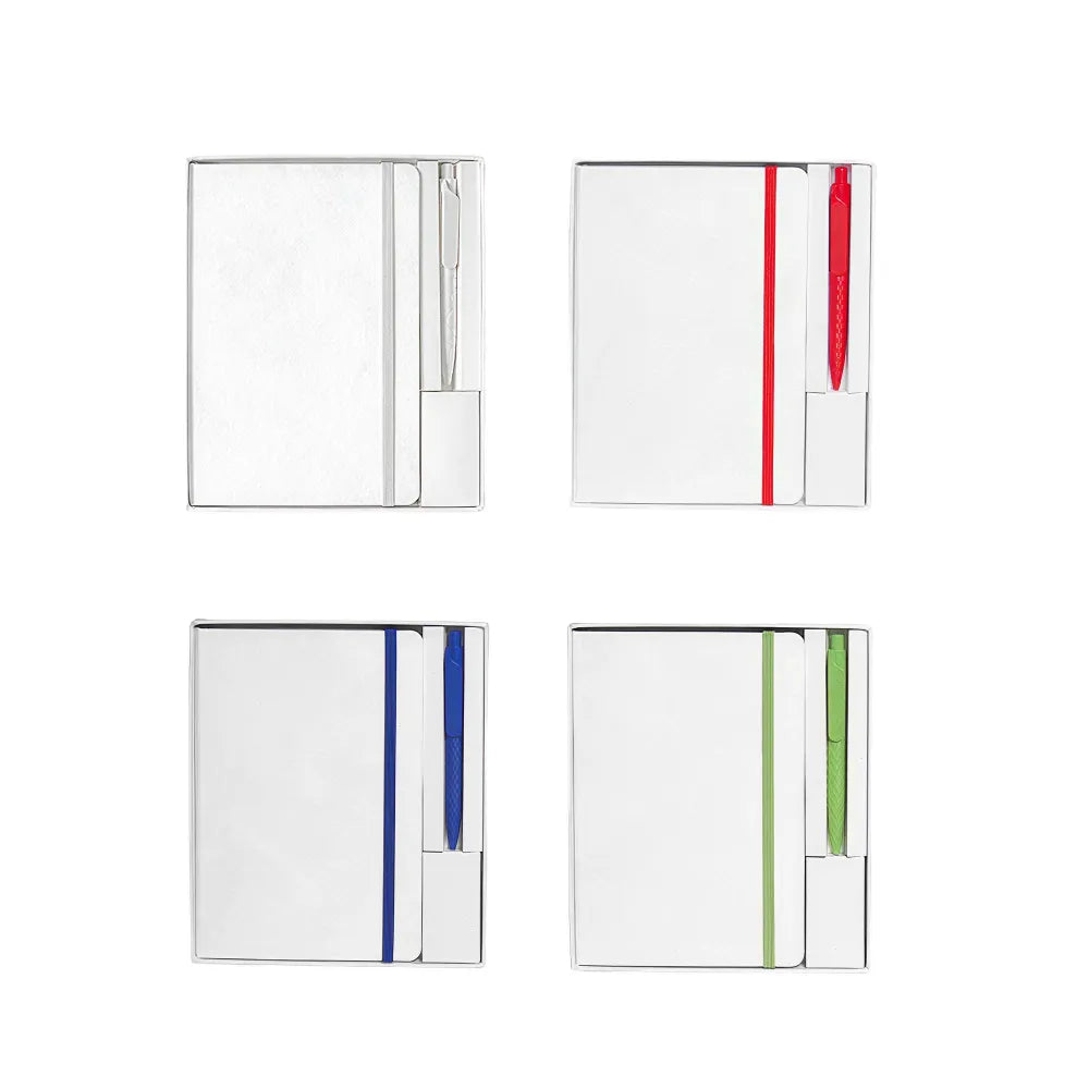 A5 Tyvek notebook and pen desk kit in white with red elastic band and gel pen, corporate stationery gift Australia by Wumble Merch