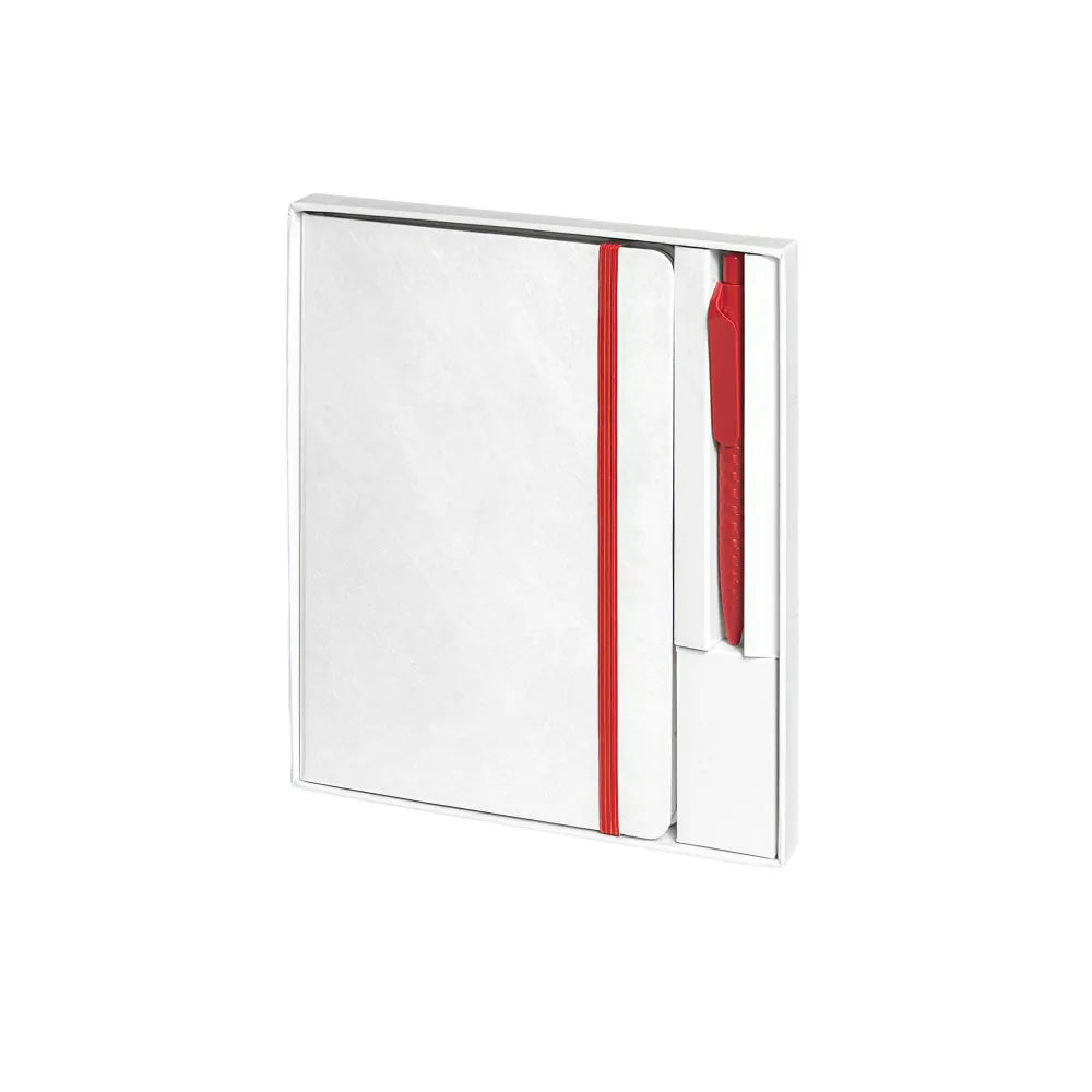 White A5 Tyvek notebook and pen desk kit with customisable belly band by Wumble Merch Australia
