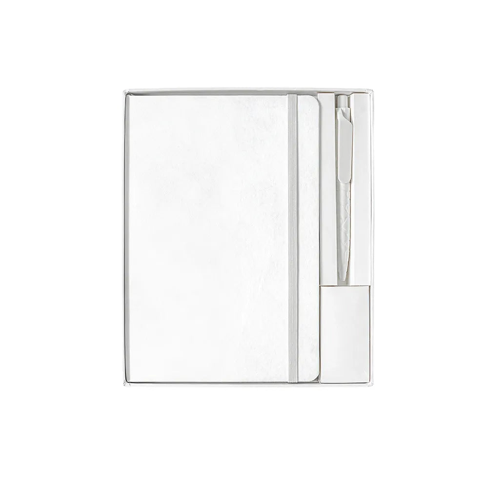 White A5 Tyvek notebook and gel pen from desk kit, corporate stationery gift by Wumble Merch Australia