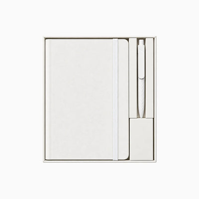 White A5 Tyvek notebook and pen desk kit with customisable belly band by Wumble Merch Australia
