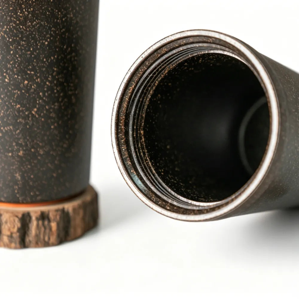 Dark brown recycled coffee grounds anti-tip travel cup tipped to show the speckled interior, beside an upright cup on a wood slice revealing the orange suction base, no branding applied