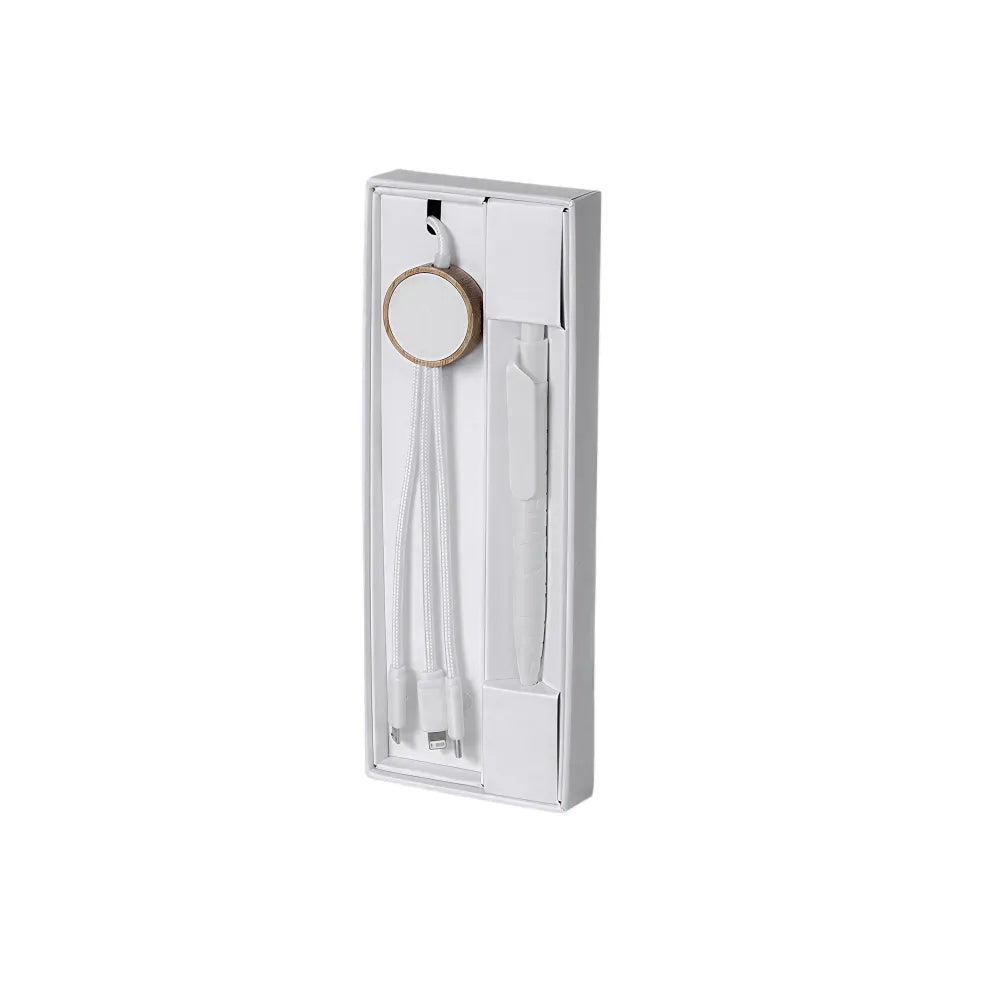 White Bamboo Tech Cable and Pen Kit with charging cable and organiser ring by Wumble Merch Australia