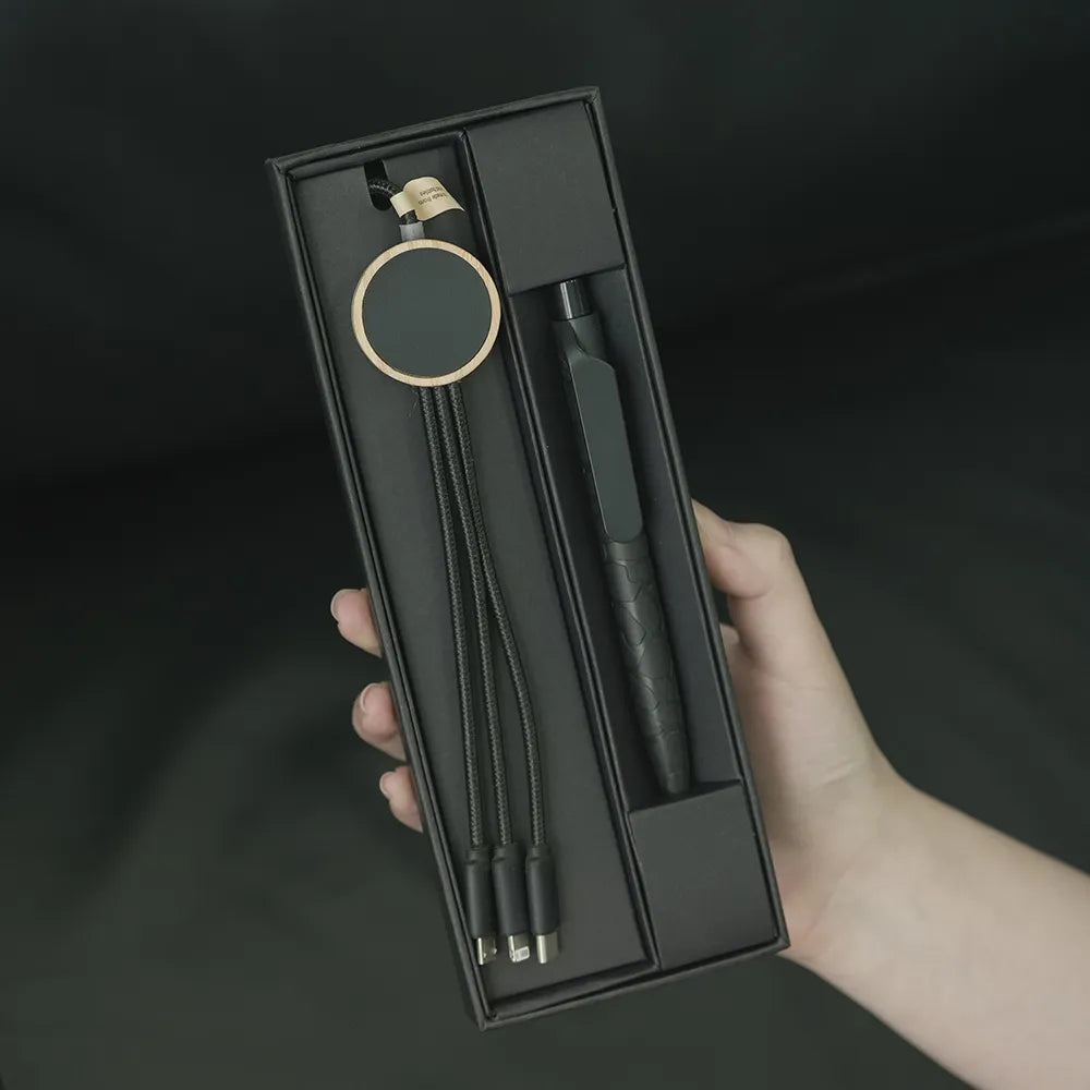 Bamboo tech cable and pen kit in black box with RPET multi-connector cable, bamboo ring and gel pen, corporate tech gift Australia by Wumble Merch
