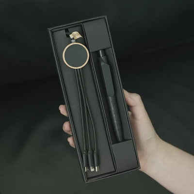 Bamboo tech cable and pen kit in black box with RPET multi-connector cable, bamboo ring and gel pen, corporate tech gift Australia by Wumble Merch