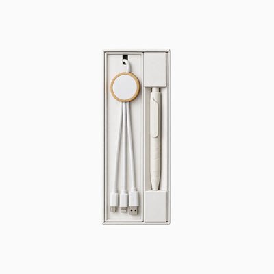 White Bamboo Tech Cable and Pen Kit with charging cable and organiser ring by Wumble Merch Australia