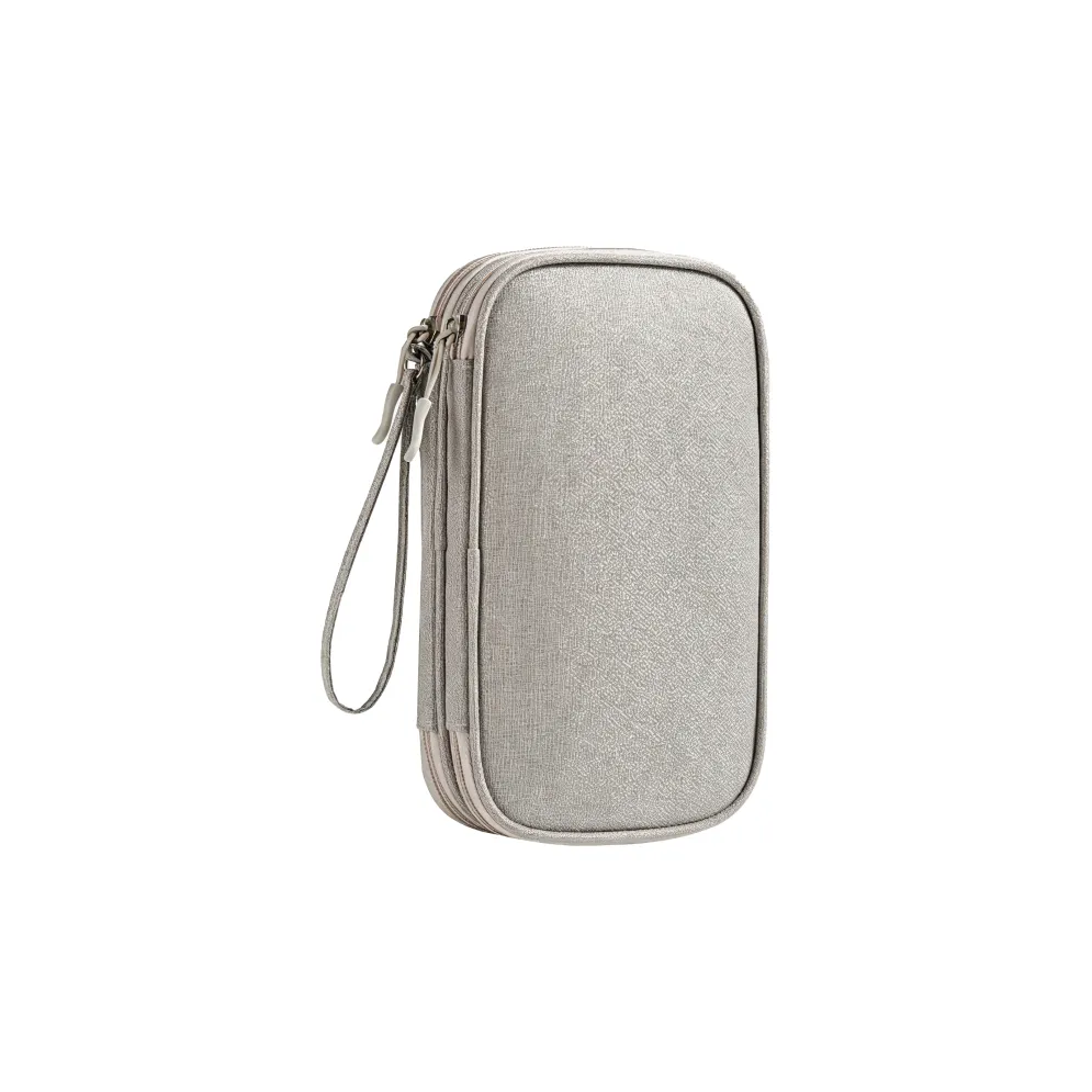 Custom branded cable organiser bag in grey, open showing double layer compartments – bulk tech merch Australia