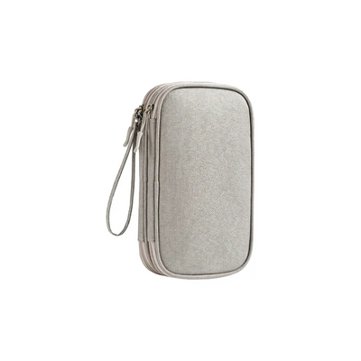 Custom branded cable organiser bag in grey, open showing double layer compartments – bulk tech merch Australia
