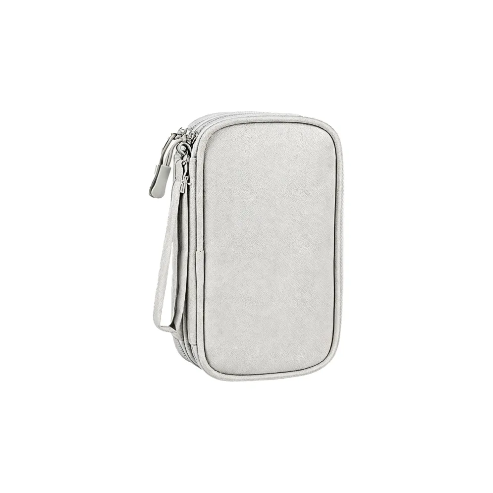 Custom branded cable organiser bag in light grey, open showing double layer compartments – bulk tech merch Australia