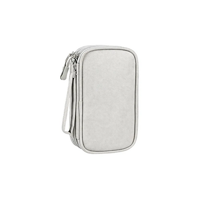 Custom branded cable organiser bag in light grey, open showing double layer compartments – bulk tech merch Australia