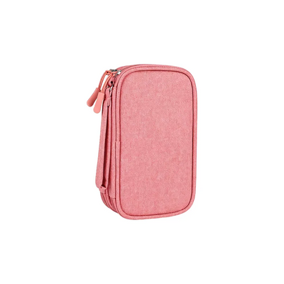 Custom branded cable organiser bag in pink, open showing double layer compartments – bulk tech merch Australia