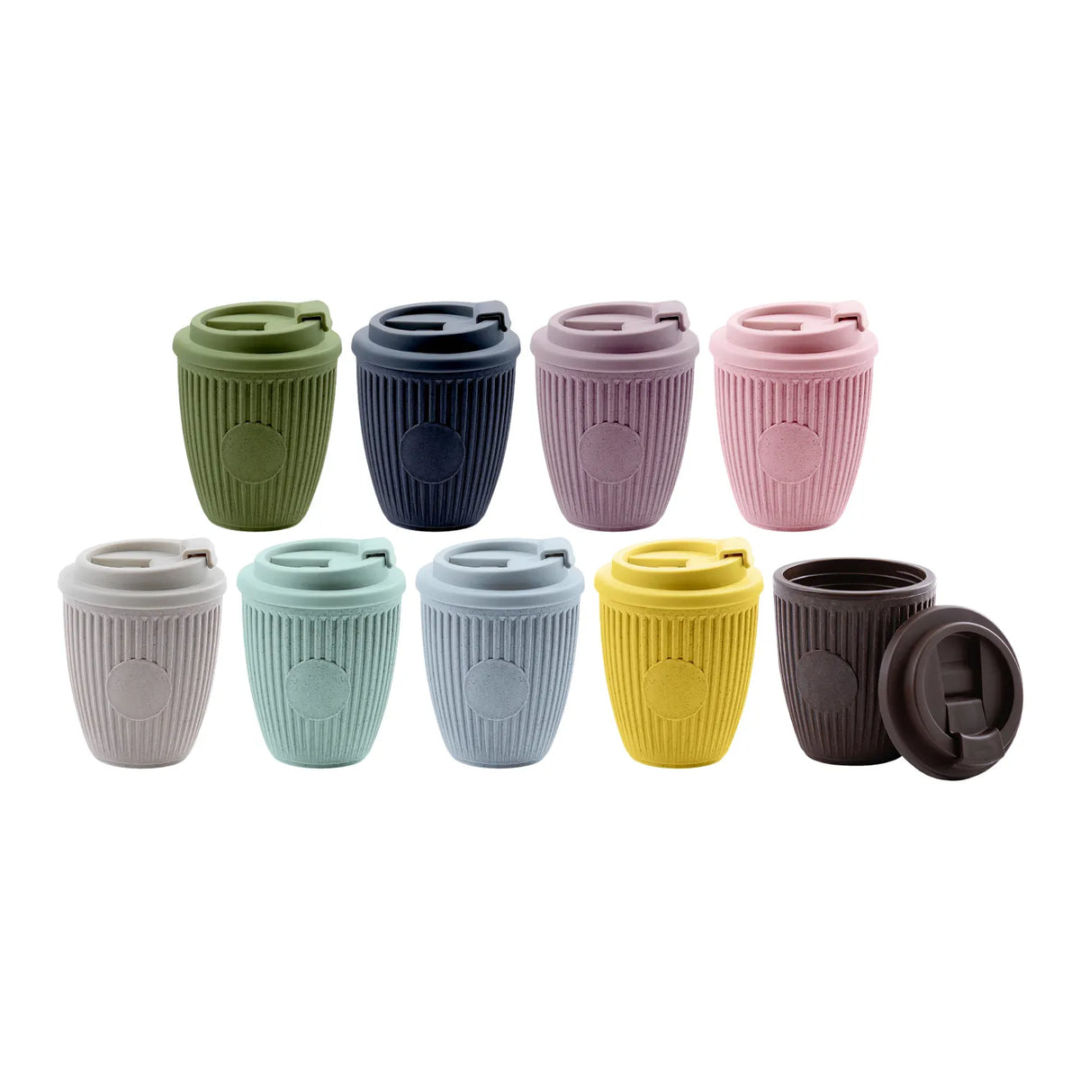 A set of reusable travel tumbler cups with ribbed handles and integrated lids, shown in multiple colors including mustard green, navy blue, taro purple, pink, light grey, mint green, soft blue, yellow, and dark brown on a white background.
