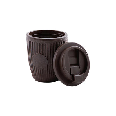 Custom branded coffee grounds eco travel cup 350ml with flip lid in dark brown, sustainable bulk merch Australia by Wumble