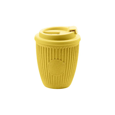 Custom branded coffee grounds eco travel cup 350ml with flip lid in yellow, sustainable bulk merch Australia by Wumble