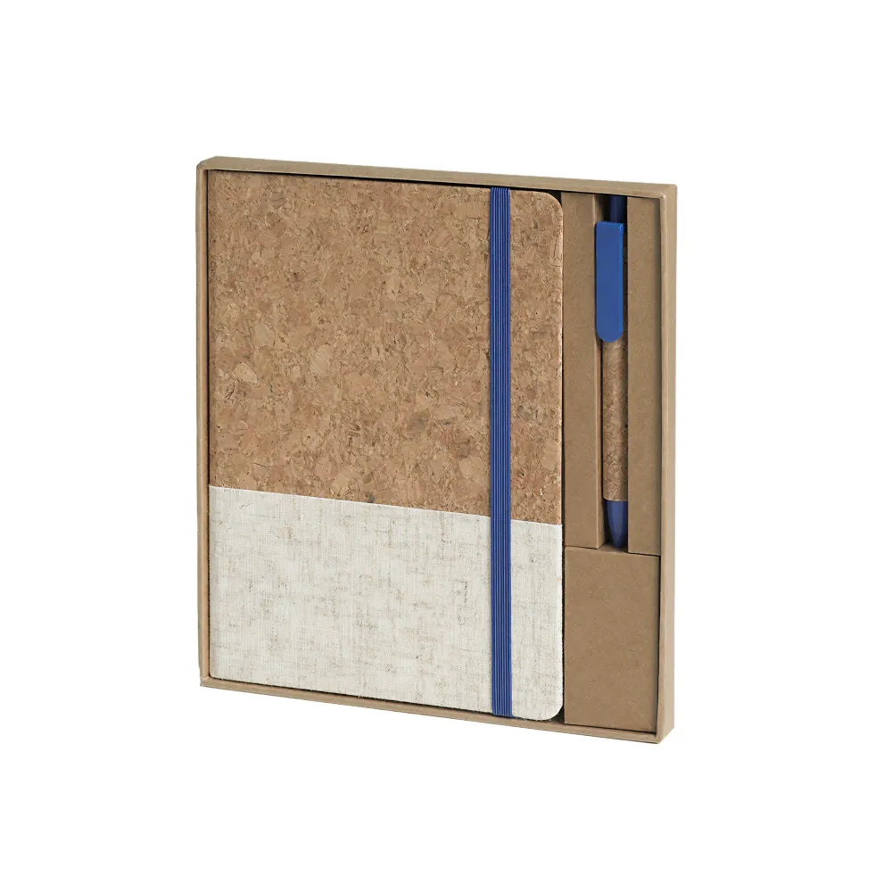 Colour block cork notebook and pen desk kit in blue, custom corporate stationery Australia by Wumble Merch