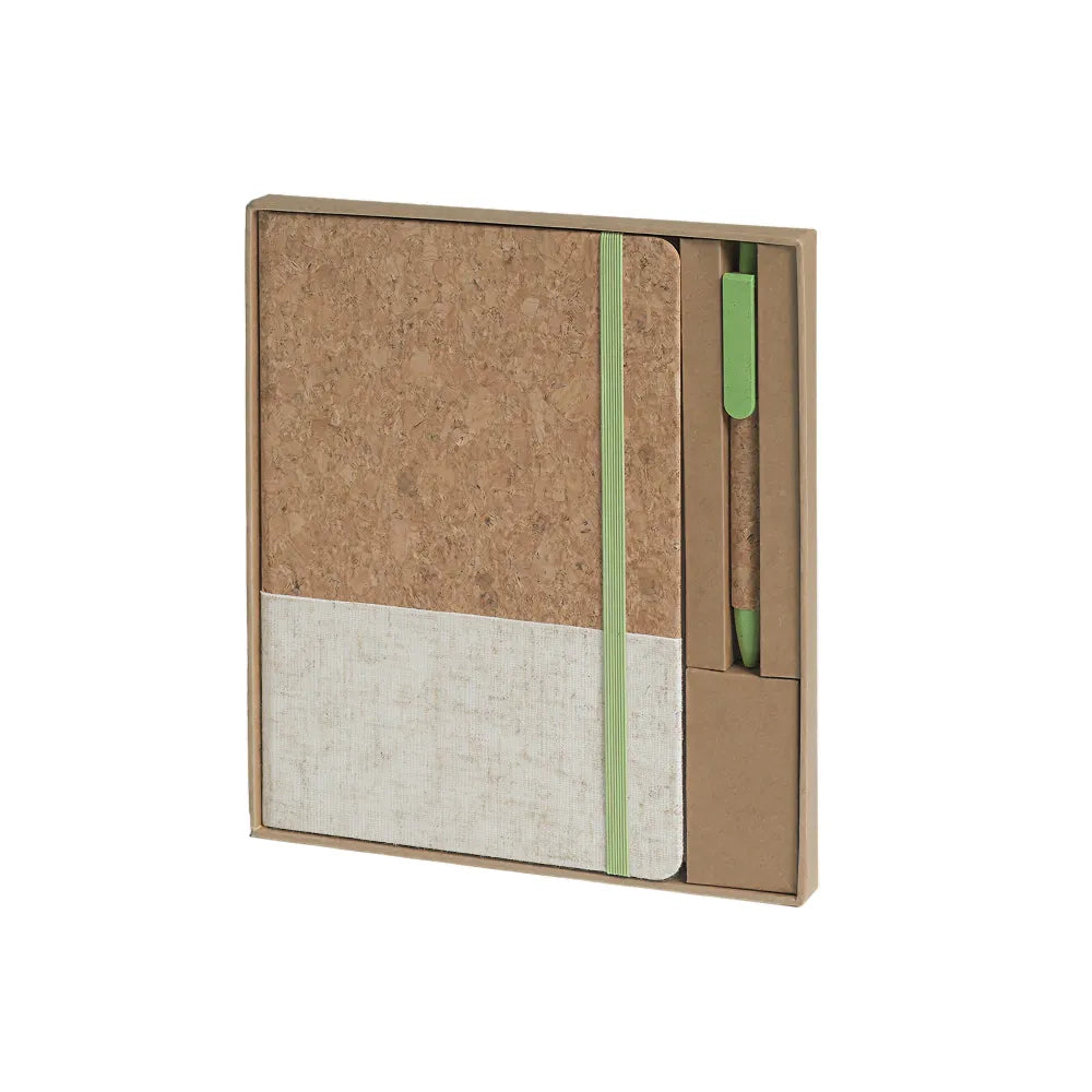 Colour block cork notebook and pen desk kit in green, custom corporate stationery Australia by Wumble Merch