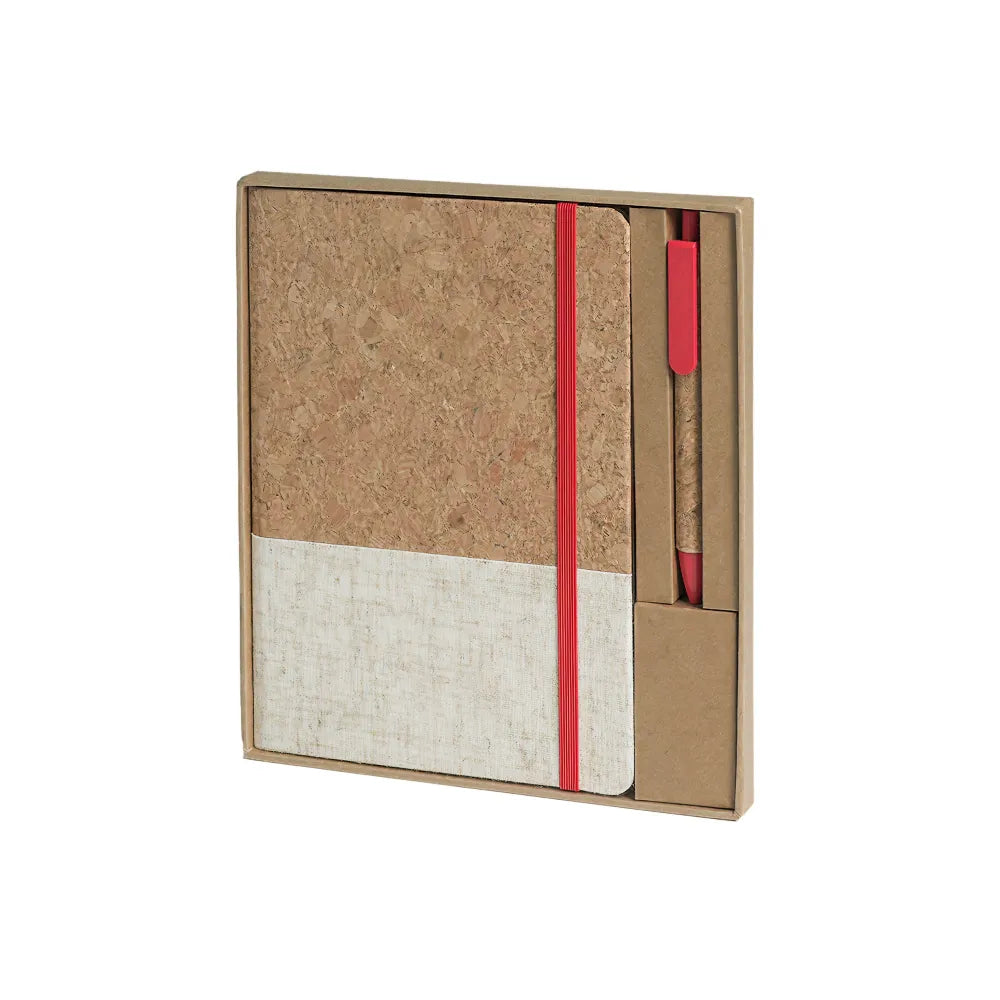 Colour block cork notebook and pen desk kit in red, custom corporate stationery Australia by Wumble Merch