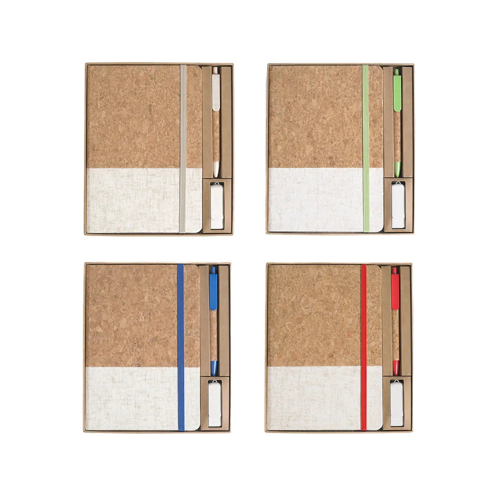 Colour block cork notebook and pen desk kit in natural, red, green and blue, custom corporate stationery Australia by Wumble Merch