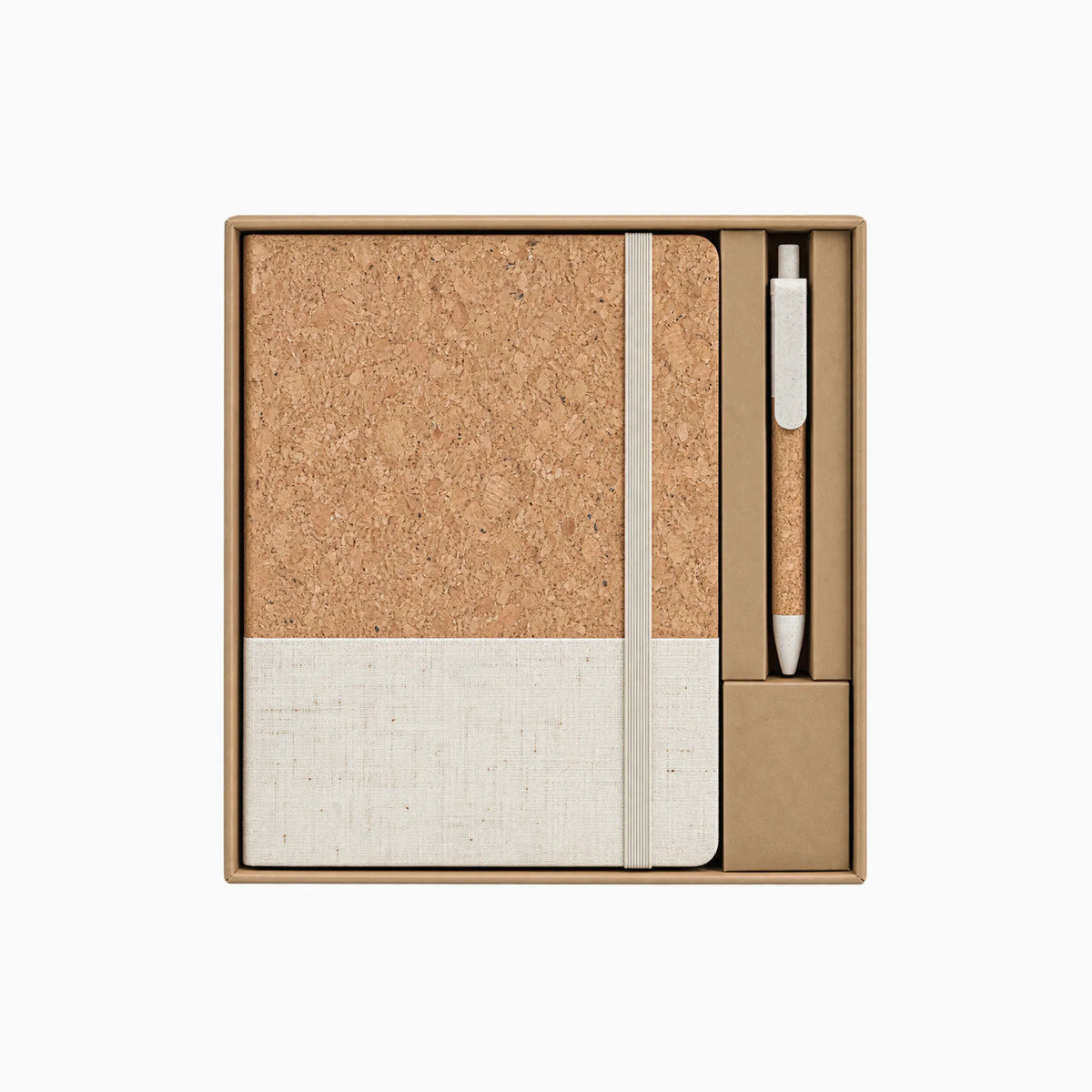 Natural colour block cork notebook and gel pen desk kit in kraft gift box for custom branded welcome kits by Wumble Merch Australia