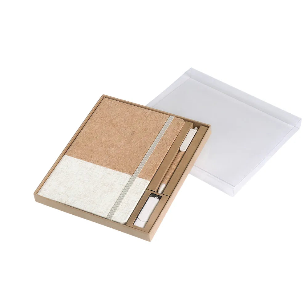 Colour block cork notebook, pen and USB desk kit in natural with cork and cotton linen cover, custom corporate stationery Australia by Wumble Merch