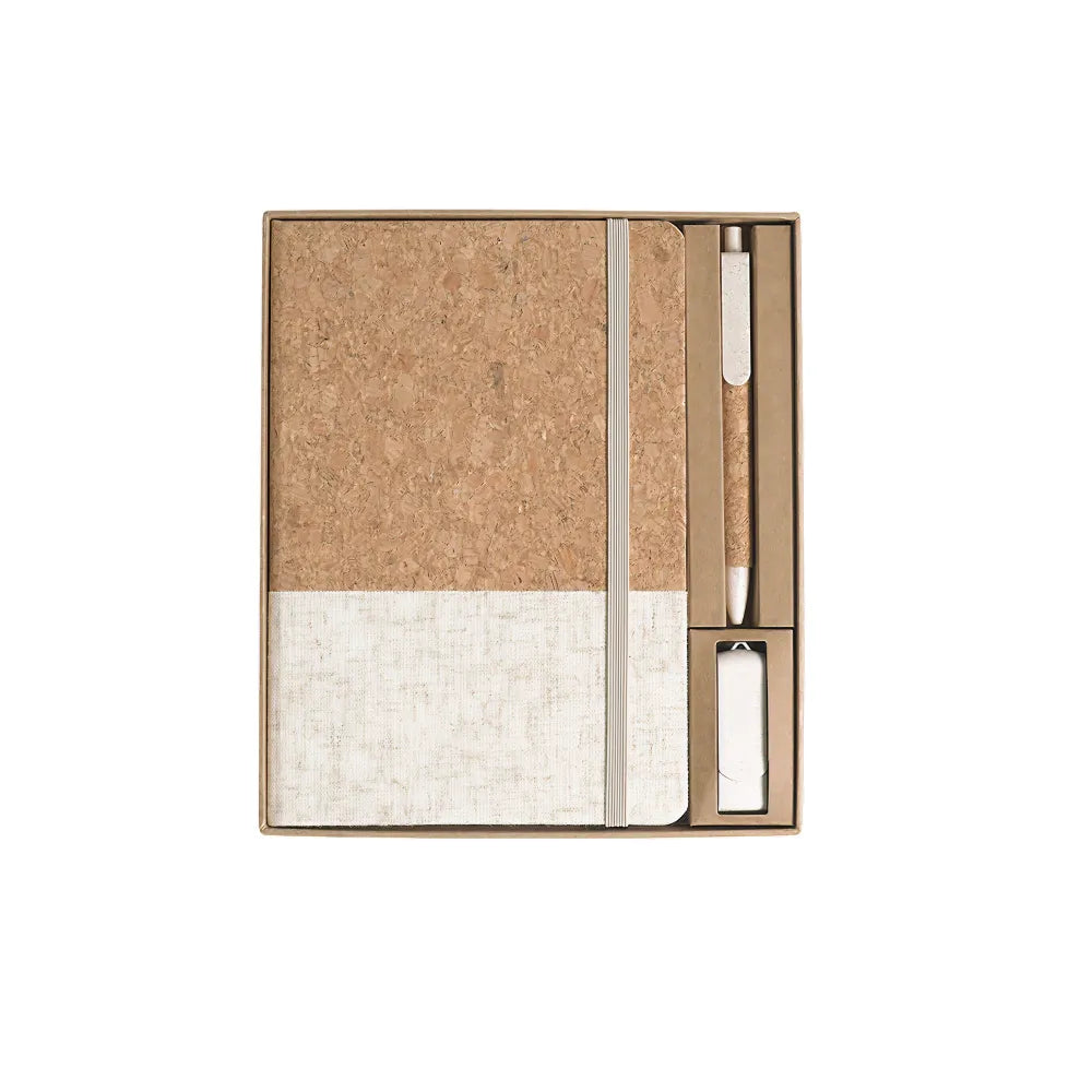 Natural colour block cork notebook, gel pen and wheat straw USB drive in kraft gift box for custom branded welcome kits by Wumble Merch Australia
