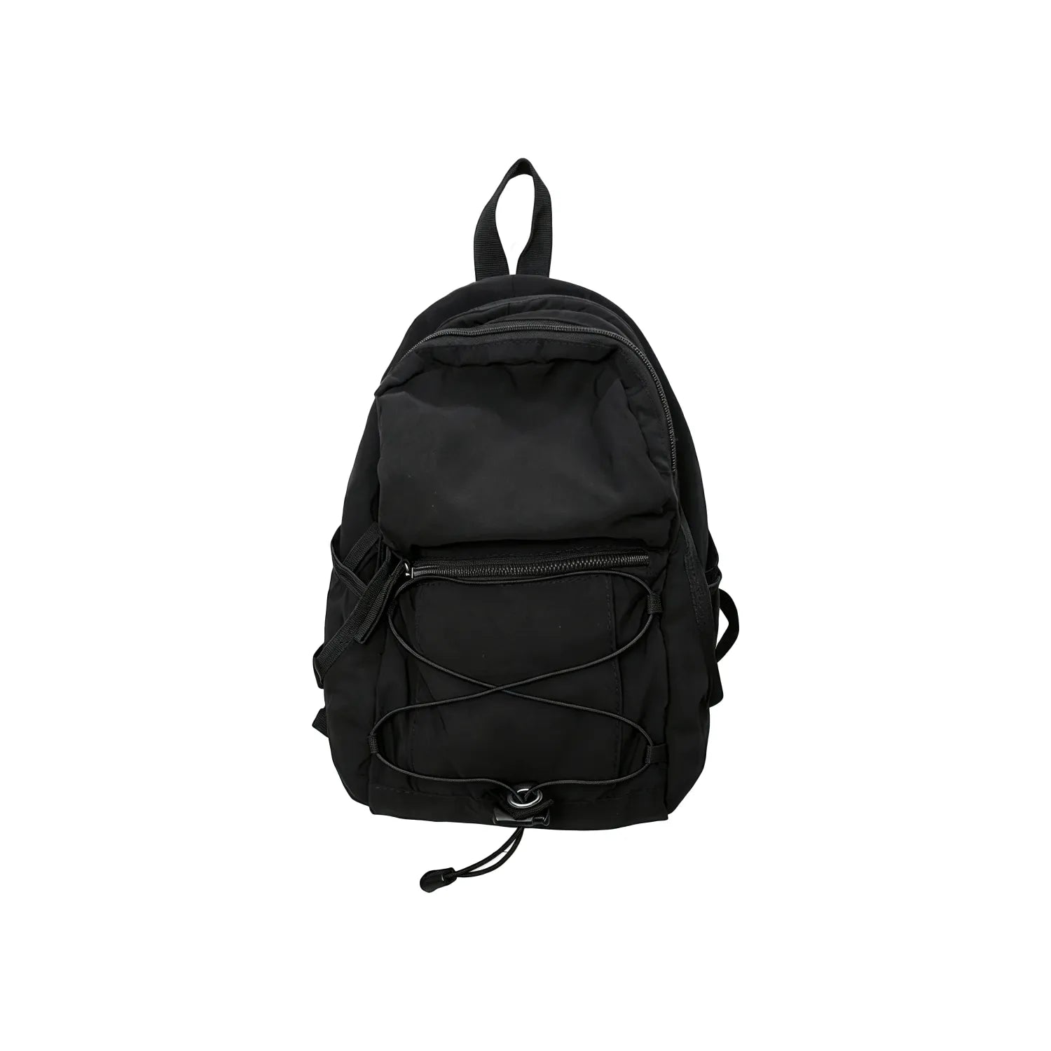 Black compact nylon outdoor daypack on a white background showing the front bungee cord, zip front pocket and twin shoulder straps, no Wumble branding applied
