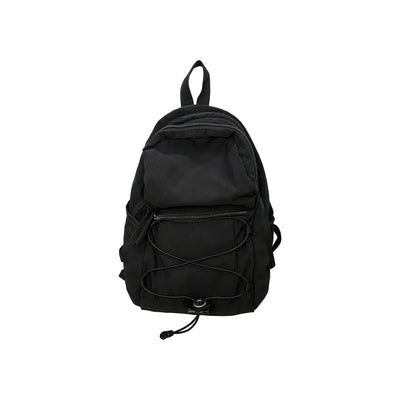 Black compact nylon outdoor daypack on a white background showing the front bungee cord, zip front pocket and twin shoulder straps, no Wumble branding applied