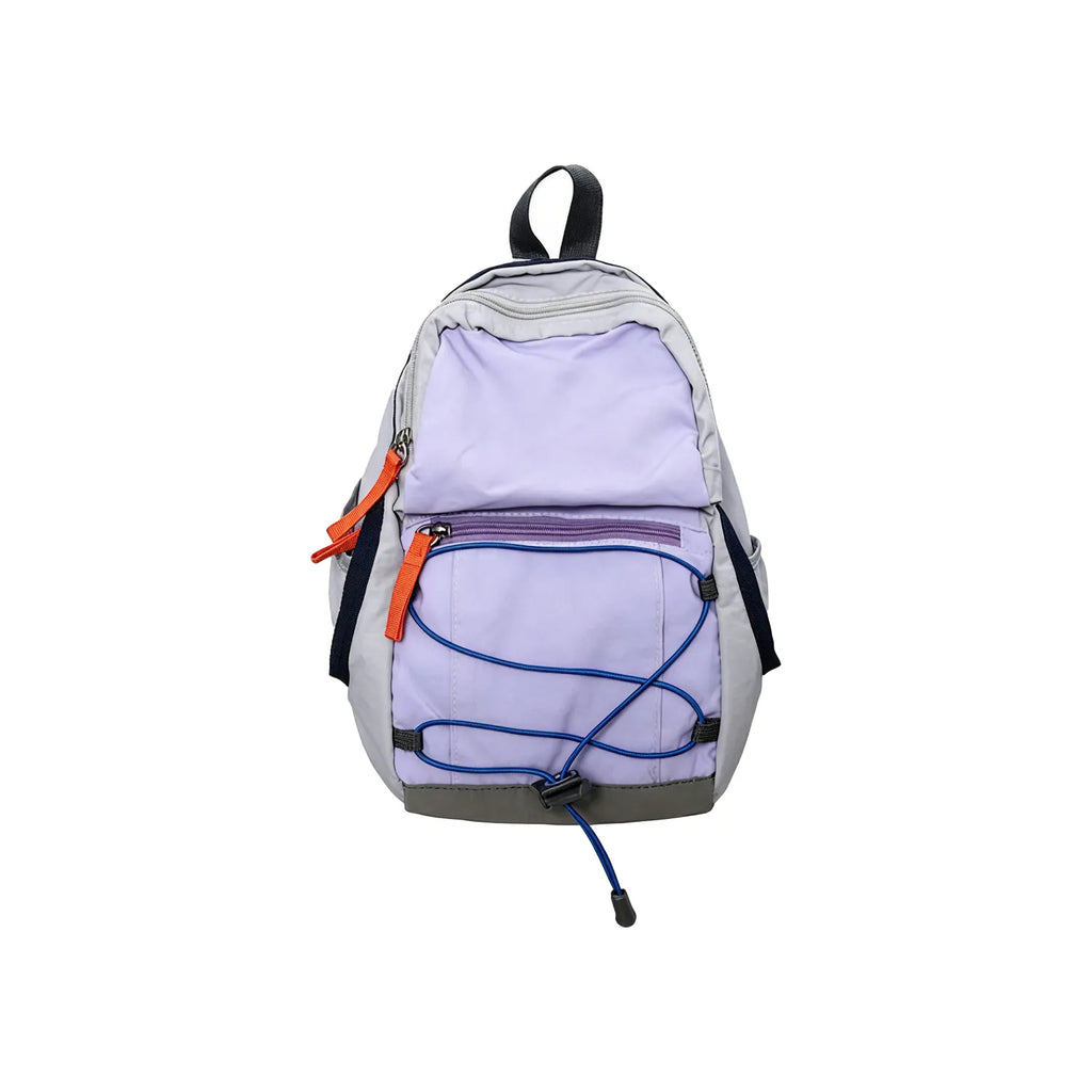 Lavender purple compact nylon outdoor daypack on a white background showing the front bungee cord, zip front pocket and twin shoulder straps, no Wumble branding applied
