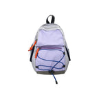 Lavender purple compact nylon outdoor daypack on a white background showing the front bungee cord, zip front pocket and twin shoulder straps, no Wumble branding applied