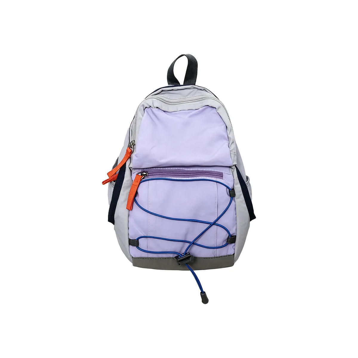 Lavender purple compact nylon outdoor daypack on a white background showing the front bungee cord, zip front pocket and twin shoulder straps, no Wumble branding applied
