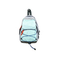 Mint blue compact nylon outdoor daypack on a white background showing the front bungee cord, zip front pocket and twin shoulder straps, no Wumble branding applied