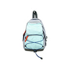 Mint blue compact nylon outdoor daypack on a white background showing the front bungee cord, zip front pocket and twin shoulder straps, no Wumble branding applied