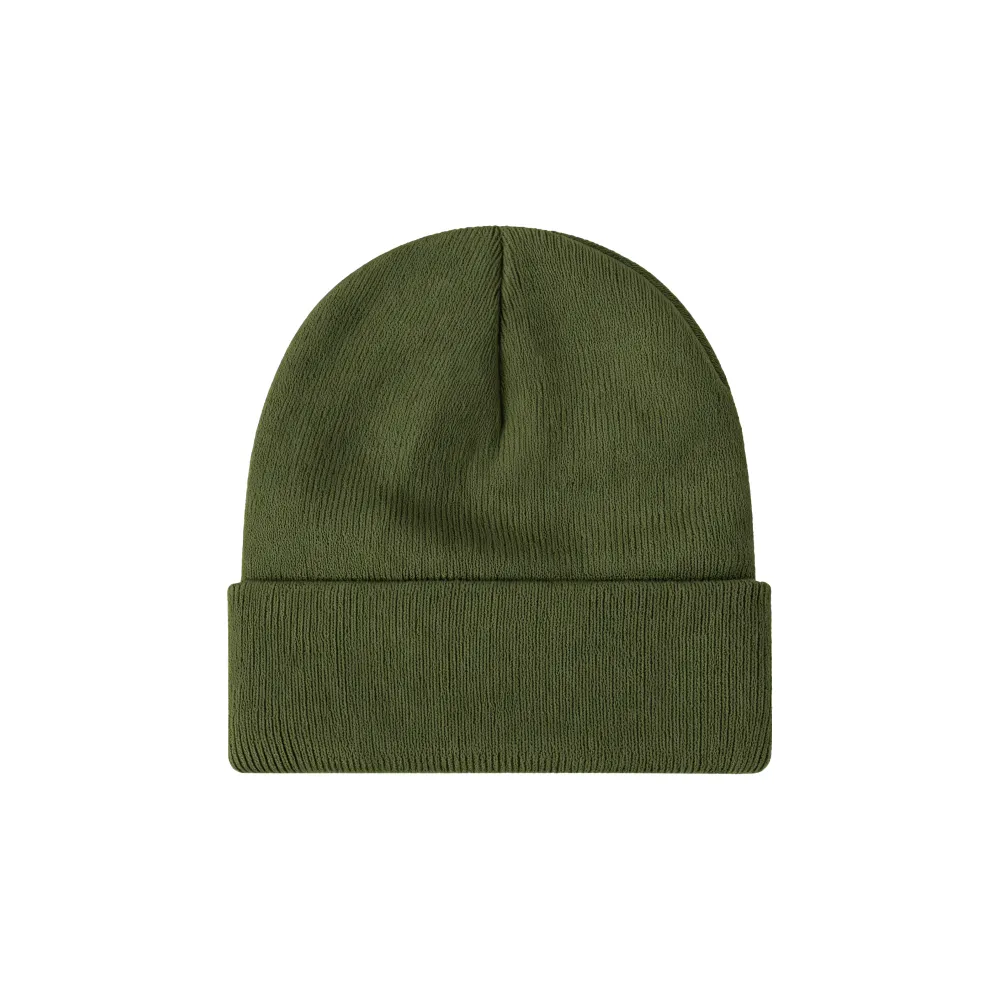 Custom cuffed knit beanie in olive green – bulk branded winter merch by Wumble 