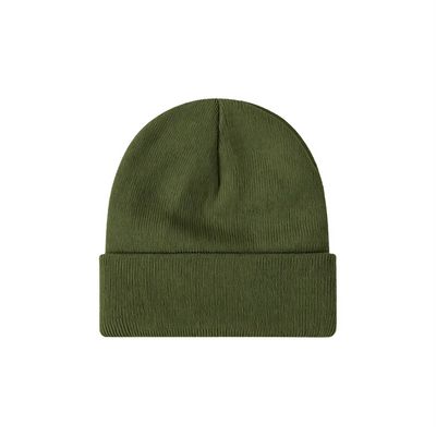 Custom cuffed knit beanie in olive green – bulk branded winter merch by Wumble 