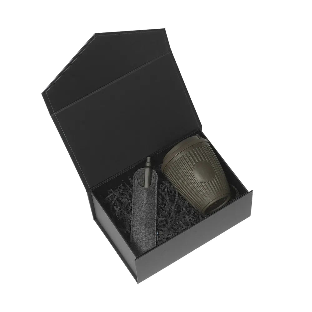 Day One Coffee and Pen Kit Starter with recycled aluminium pen, RPET felt pen sleeve and coffee grounds cup in magnetic gift box, corporate welcome kit Australia by Wumble Merch