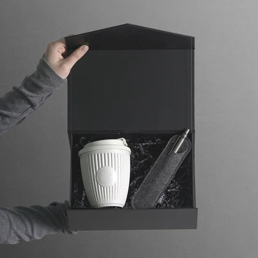 Day One Coffee and Pen Kit Starter open on desk ready to gift, branded corporate welcome kit by Wumble Merch Australia