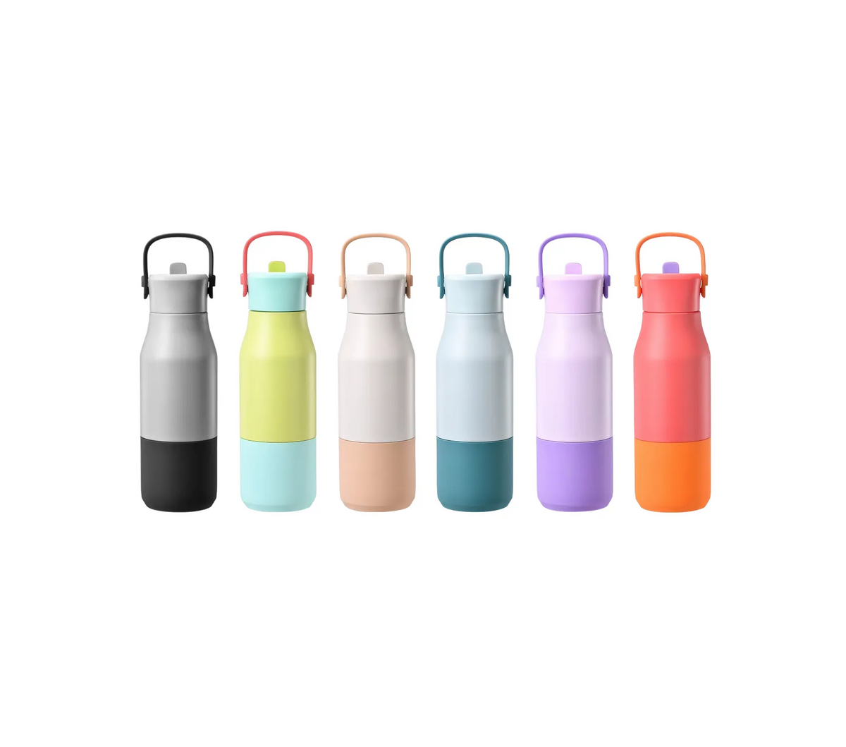 Six two-tone drink bottles in the full colour range, arranged in a row on a white background.