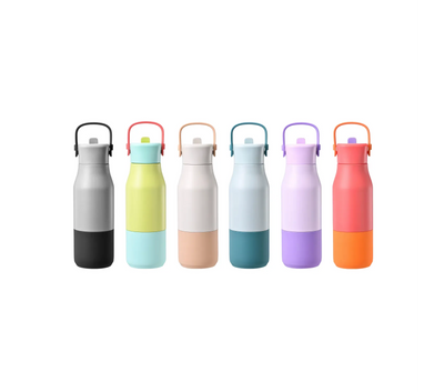 Six two-tone drink bottles in the full colour range, arranged in a row on a white background.