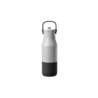 Light grey drink bottle with a black base sleeve, black loop handle and small flip spout.