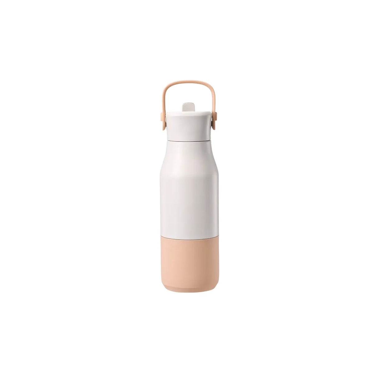 Cream white drink bottle with a dusty pink base sleeve, peach loop handle and small flip spout.